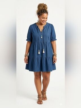 Casual 1X Boho Denim Resort Cotton Vacation Weekend Coastal Cottage Mini Dress